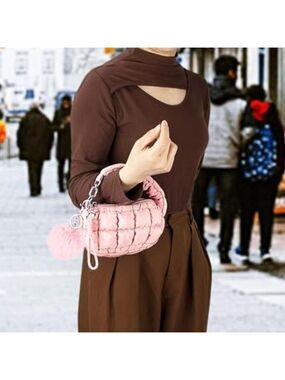 Women Pink Quilted Wristlet Bag Puffer Handbags Purse